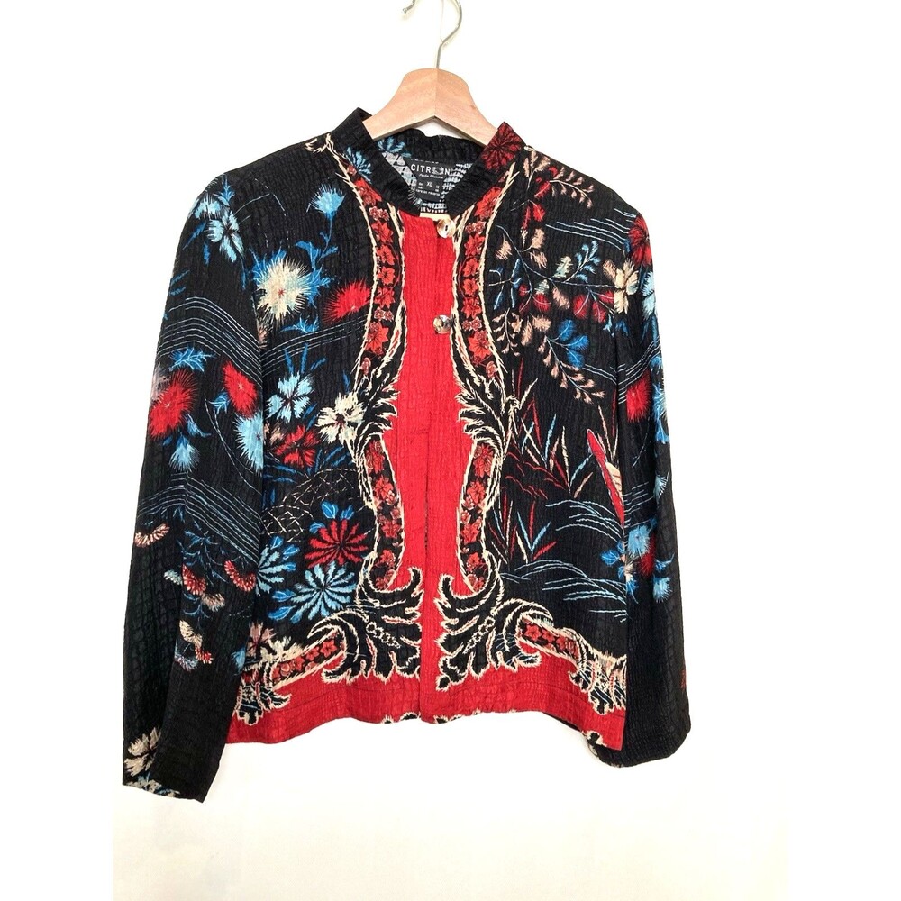 Citron Santa Monica Womens XL Artsy Colorful Jacket Asian Floral Art to Wear